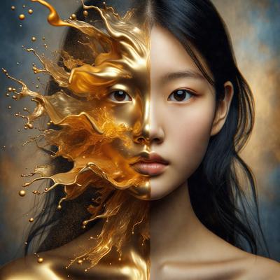 The primary subject of the image is a woman with a gold and yellow face. She is wearing a gold mask, which gives her a unique and striking appearance. The setting is a room with a backdrop of a painting, which adds to the artistic and creative atmosphere of the scene. The visual style of the image is a combination of digital art and illustration, creating a captivating and eye-catching portrait. The dominant colors in the image are gold and yellow, which evoke a sense of warmth and richness